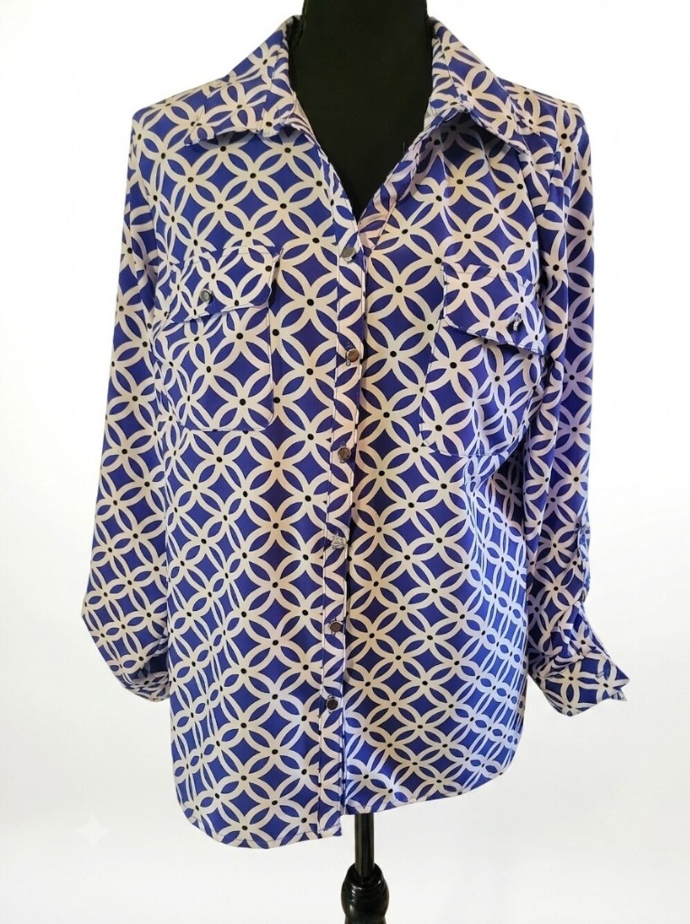 Notations Blue and White Geometric Button-Up Blouse